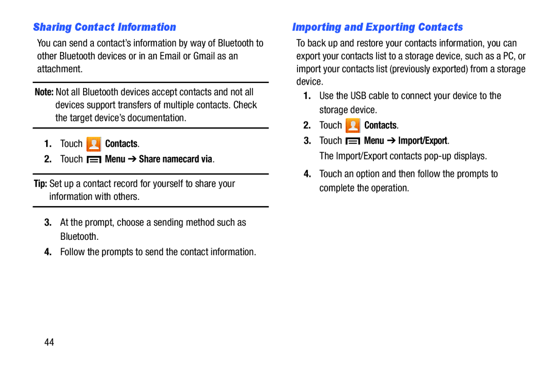 Samsung n/a Sharing Contact Information, Importing and Exporting Contacts, Touch Contacts Touch Menu Share namecard via 