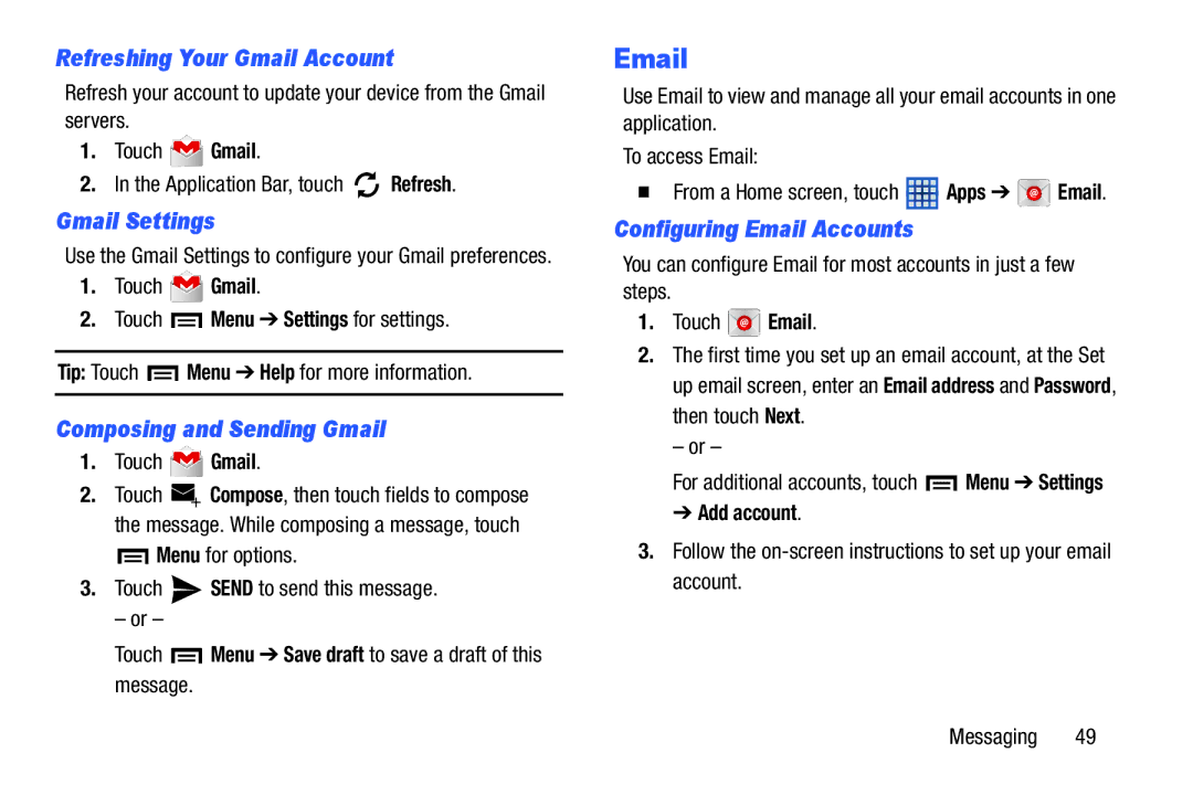 Samsung n/a Refreshing Your Gmail Account, Gmail Settings, Composing and Sending Gmail, Configuring Email Accounts 