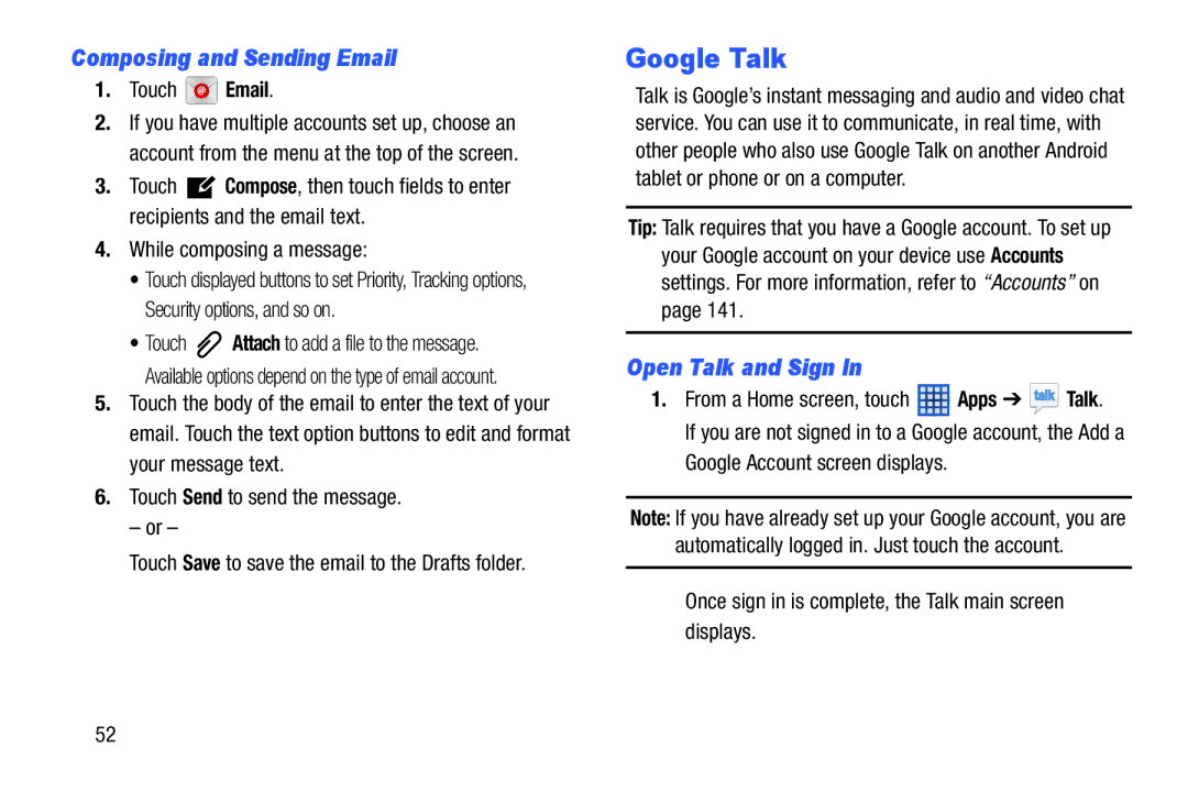 Samsung n/a user manual Google Talk, Composing and Sending Email, Open Talk and Sign 