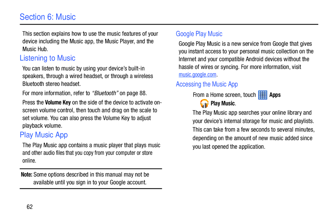 Samsung n/a user manual Listening to Music, Play Music App, Google Play Music, Accessing the Music App 