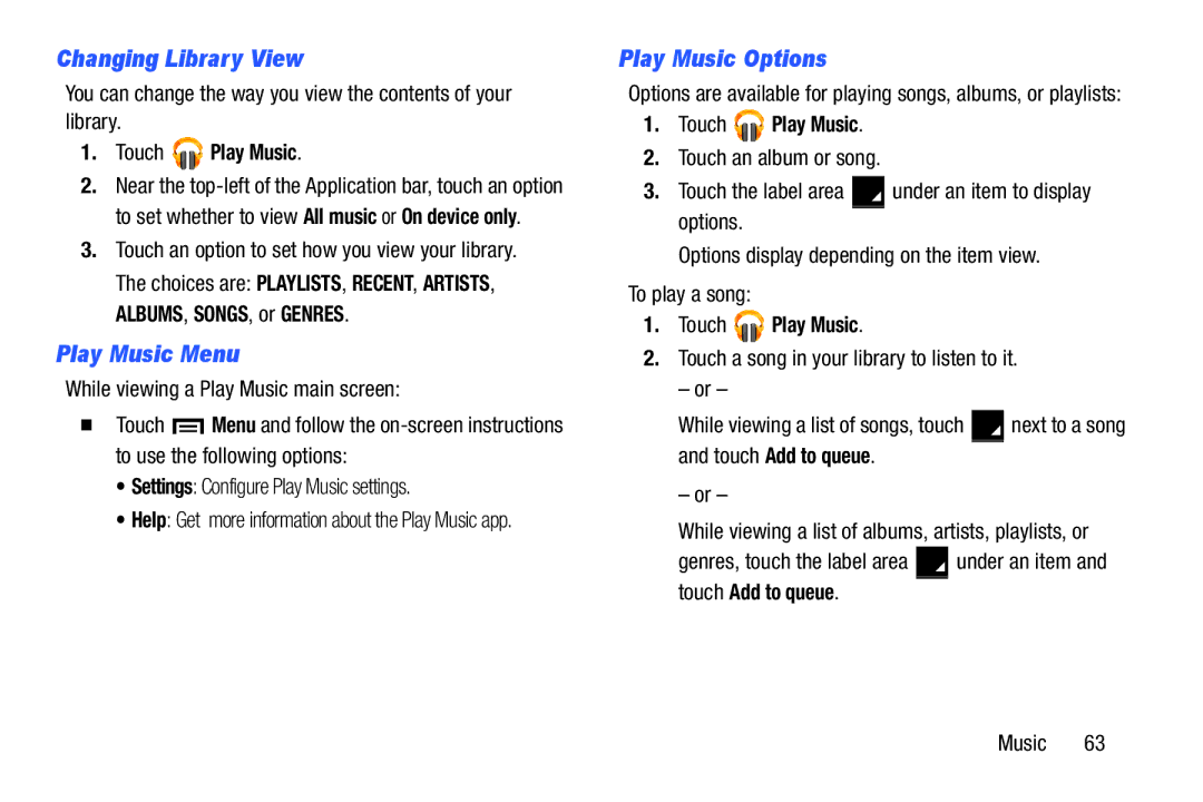 Samsung n/a user manual Changing Library View, Play Music Menu, Play Music Options, Touch Play Music 