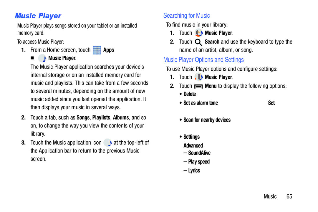 Samsung n/a user manual Searching for Music, Music Player Options and Settings 