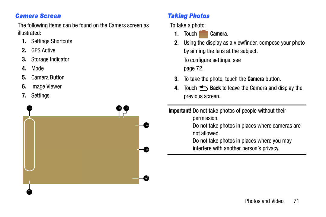 Samsung n/a user manual Camera Screen, Taking Photos 