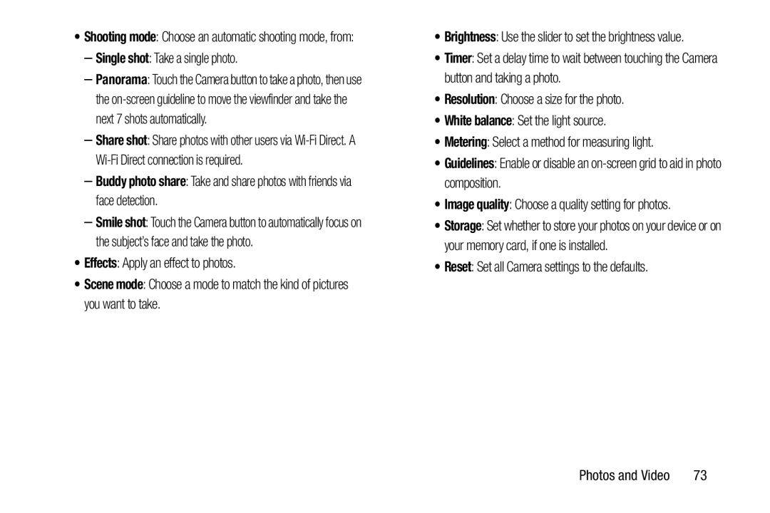 Samsung n/a user manual Single shot Take a single photo, Reset Set all Camera settings to the defaults 