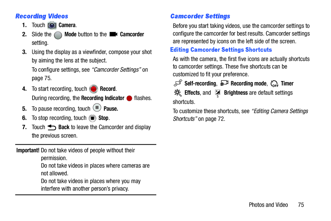 Samsung n/a user manual Recording Videos, Editing Camcorder Settings Shortcuts 