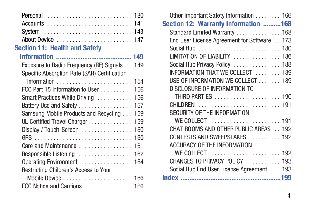 Samsung n/a user manual Health and Safety, 149, Warranty Information 168, 199 