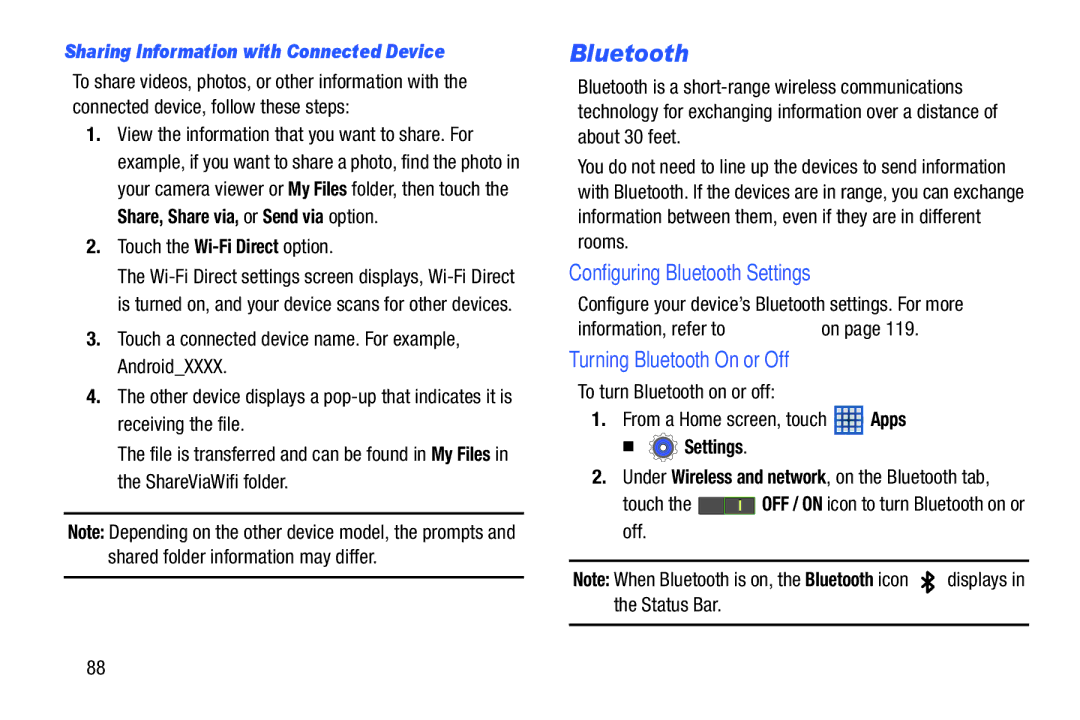 Samsung n/a Configuring Bluetooth Settings, Turning Bluetooth On or Off, Sharing Information with Connected Device 