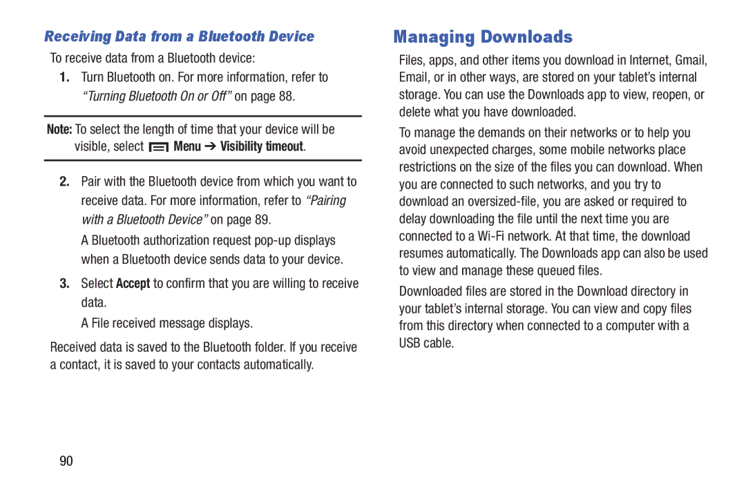 Samsung n/a user manual Managing Downloads, Receiving Data from a Bluetooth Device, To receive data from a Bluetooth device 