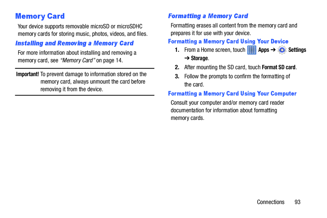 Samsung n/a user manual Installing and Removing a Memory Card, Formatting a Memory Card Using Your Device, Storage 