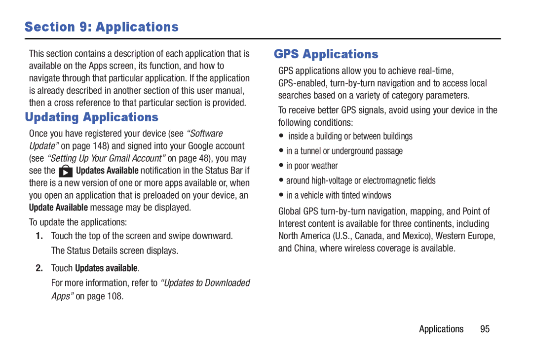 Samsung n/a user manual Updating Applications, GPS Applications, Touch Updates available 