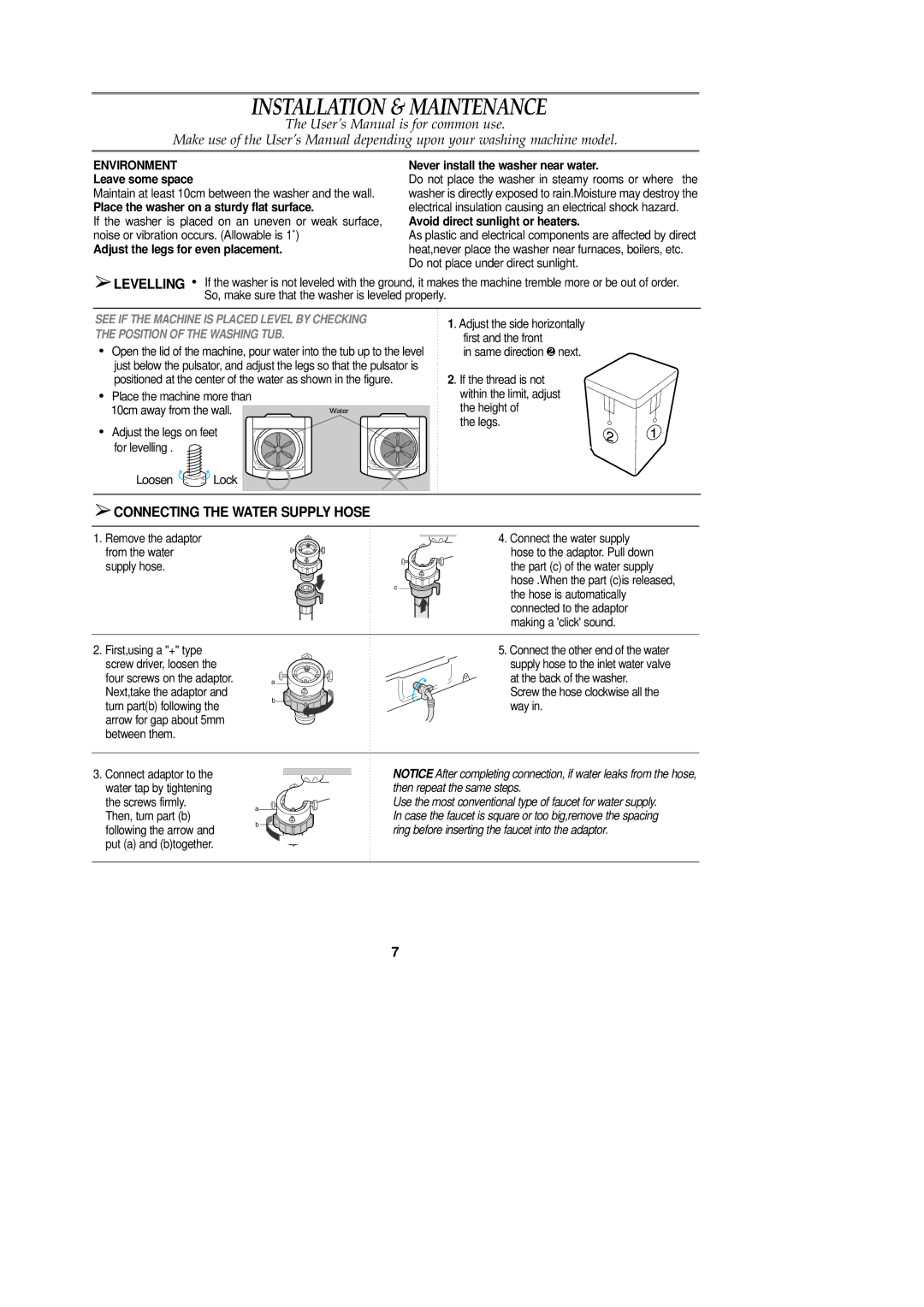 Samsung n/a user manual Installation & Maintenance, Connecting the Water Supply Hose, Environment 