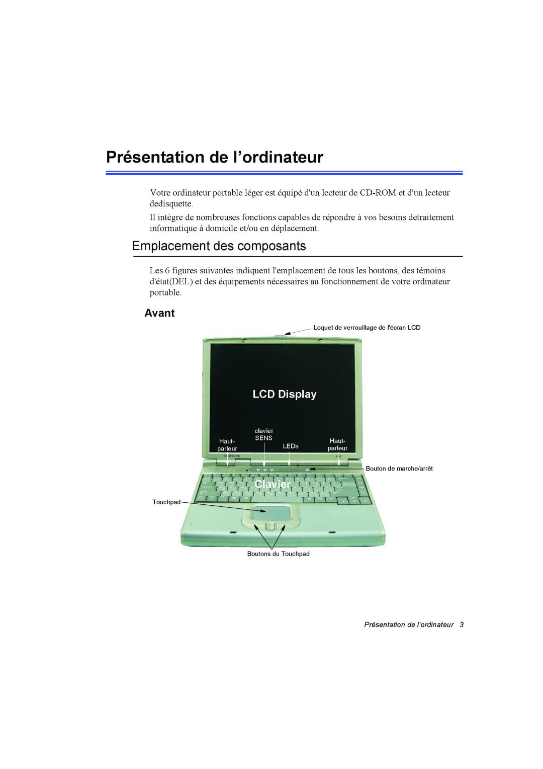 Samsung NA10AJ0041/SUK, NA10AJ0041/SEF, NA10AJ0001/SEF manual Présentation de l’ordinateur, Emplacement des composants, Avant 