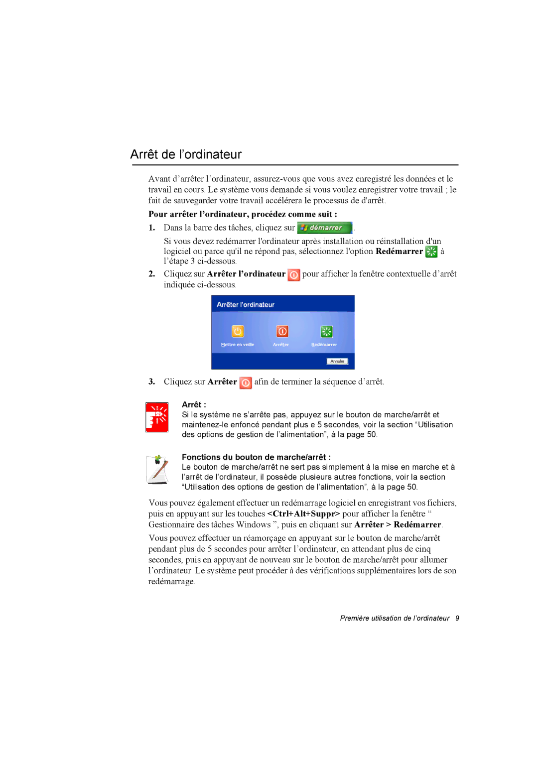 Samsung NA10DH008K/SEF, NA10AJ0041/SEF manual Arrêt de l’ordinateur, Pour arrêter l’ordinateur, procédez comme suit 