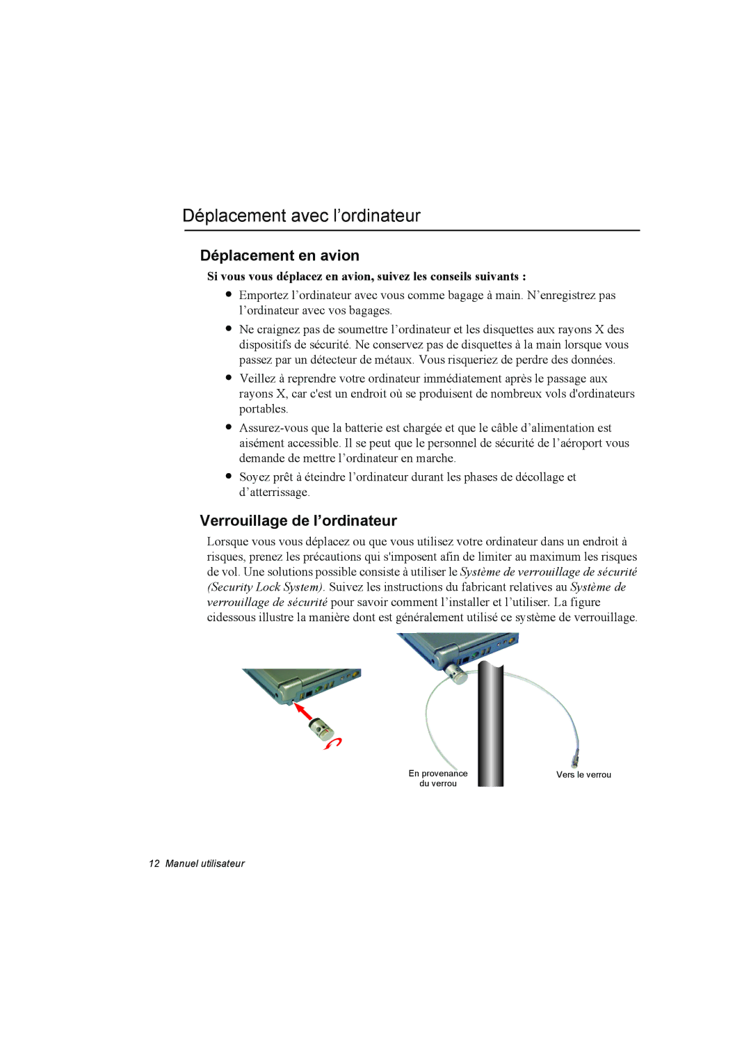 Samsung NA10AJ004D/SEF, NA10AJ0041/SEF Déplacement avec l’ordinateur, Déplacement en avion, Verrouillage de l’ordinateur 