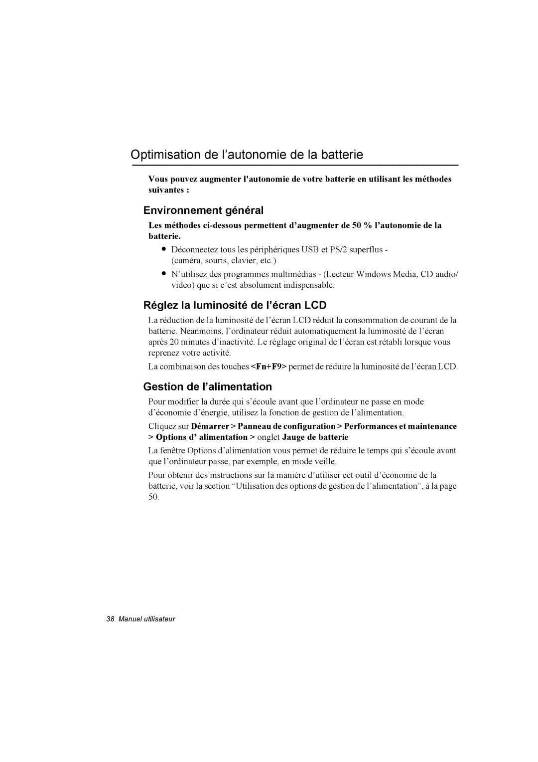 Samsung NA10AJ004D/SEF manual Optimisation de l’autonomie de la batterie, Environnement général, Gestion de l’alimentation 