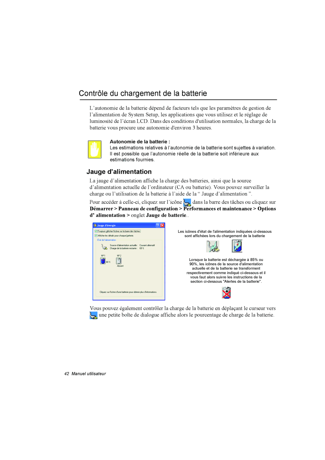 Samsung NA10AJ0041/SUK manual Contrôle du chargement de la batterie, Jauge d’alimentation, Autonomie de la batterie 