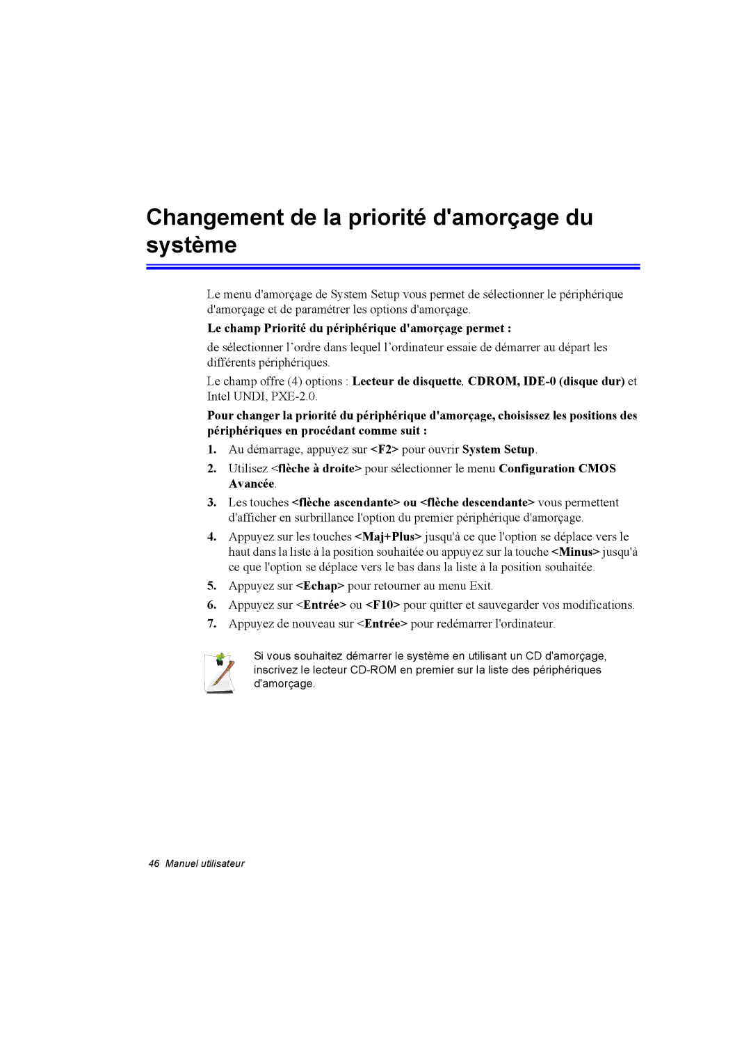 Samsung NA10DJ0002/SEF Changement de la priorité damorçage du système, Le champ Priorité du périphérique damorçage permet 