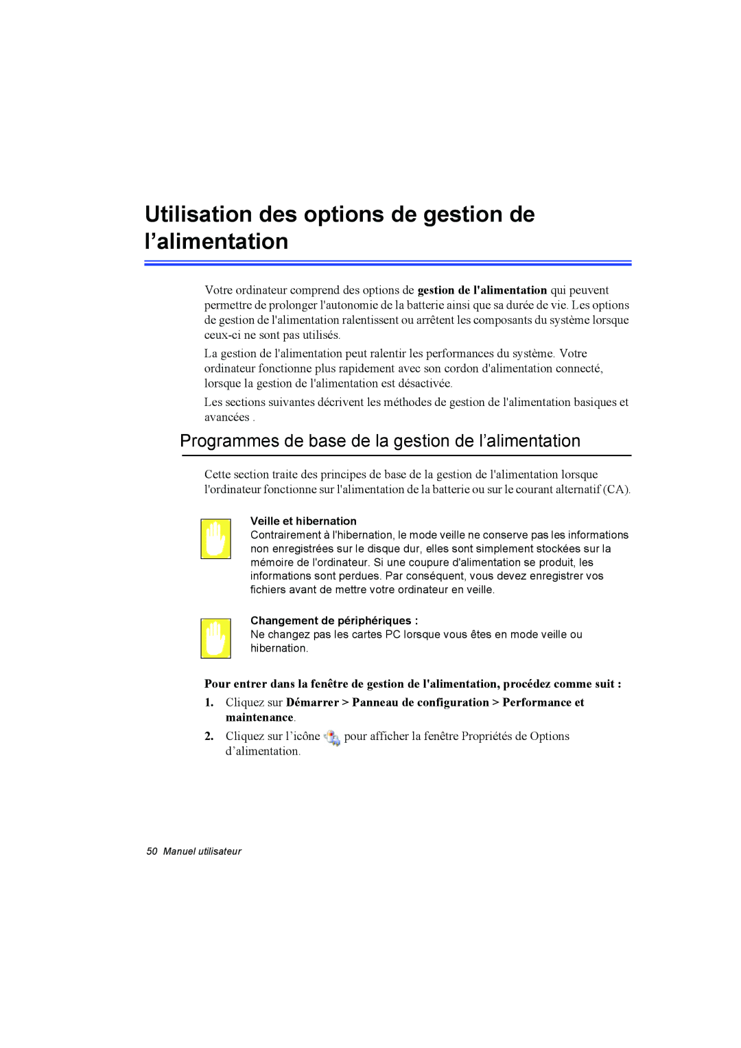 Samsung NA10DH00HT/SUK, NA10AJ0041/SEF manual Utilisation des options de gestion de l’alimentation, Veille et hibernation 