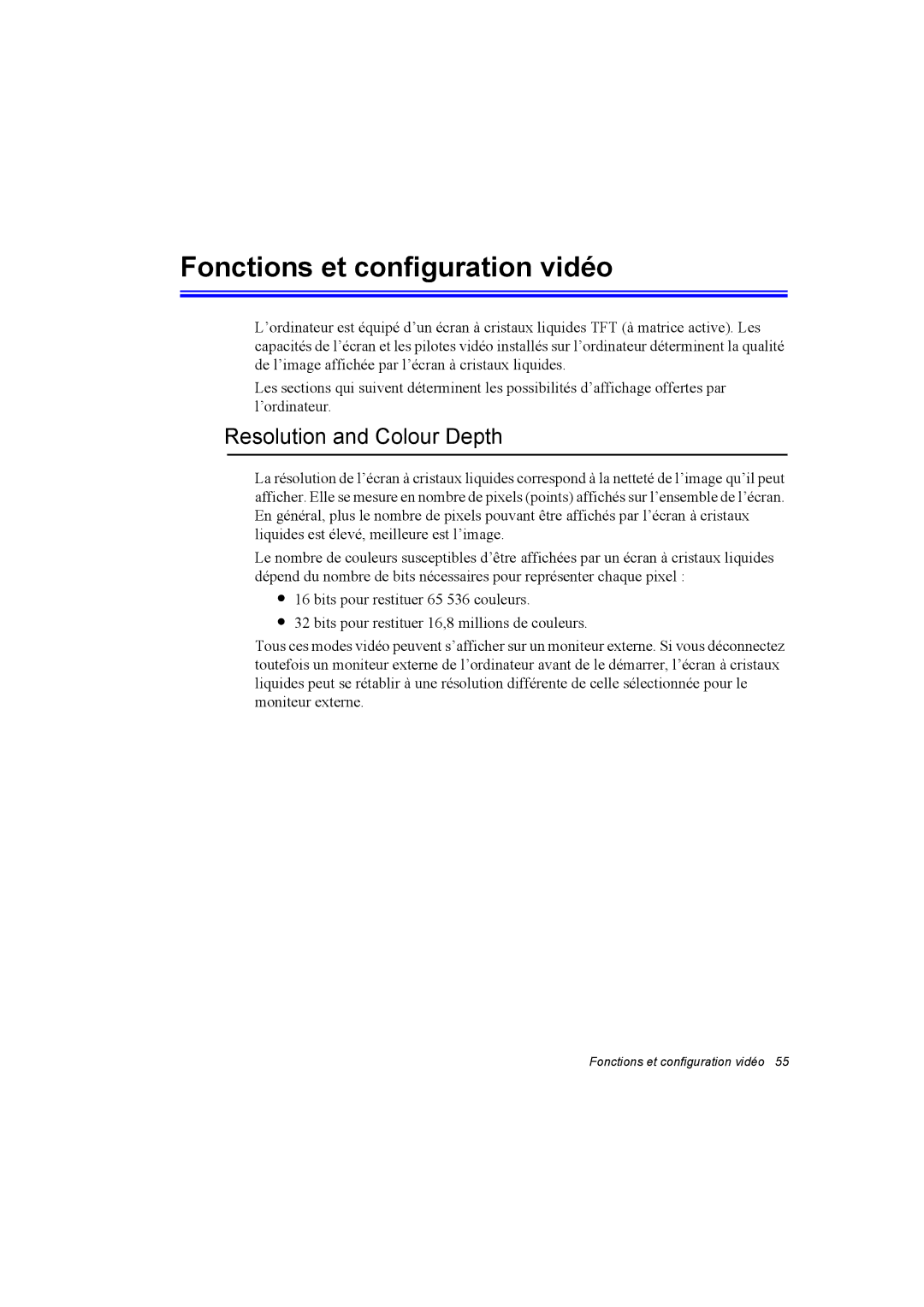 Samsung NA10AJ0041/SUK, NA10AJ0041/SEF, NA10AJ0001/SEF manual Fonctions et configuration vidéo, Resolution and Colour Depth 