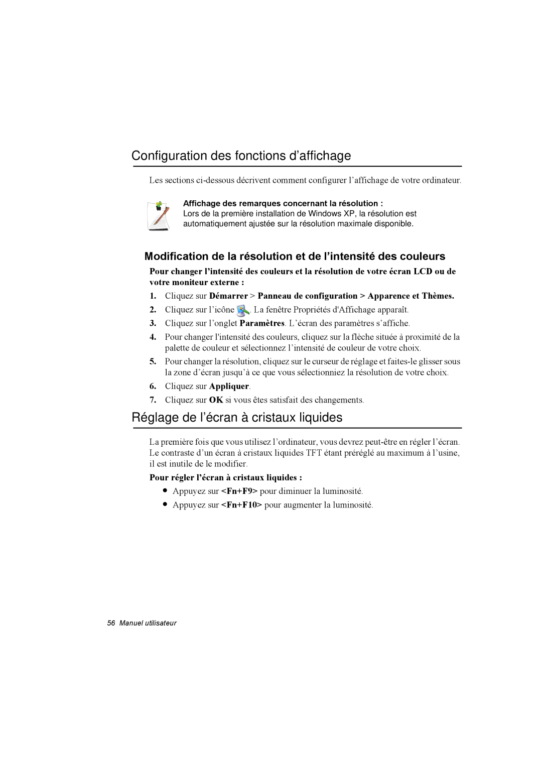 Samsung NA10AJ0041/SEF, NA10AJ0001/SEF Configuration des fonctions d’affichage, Réglage de l’écran à cristaux liquides 