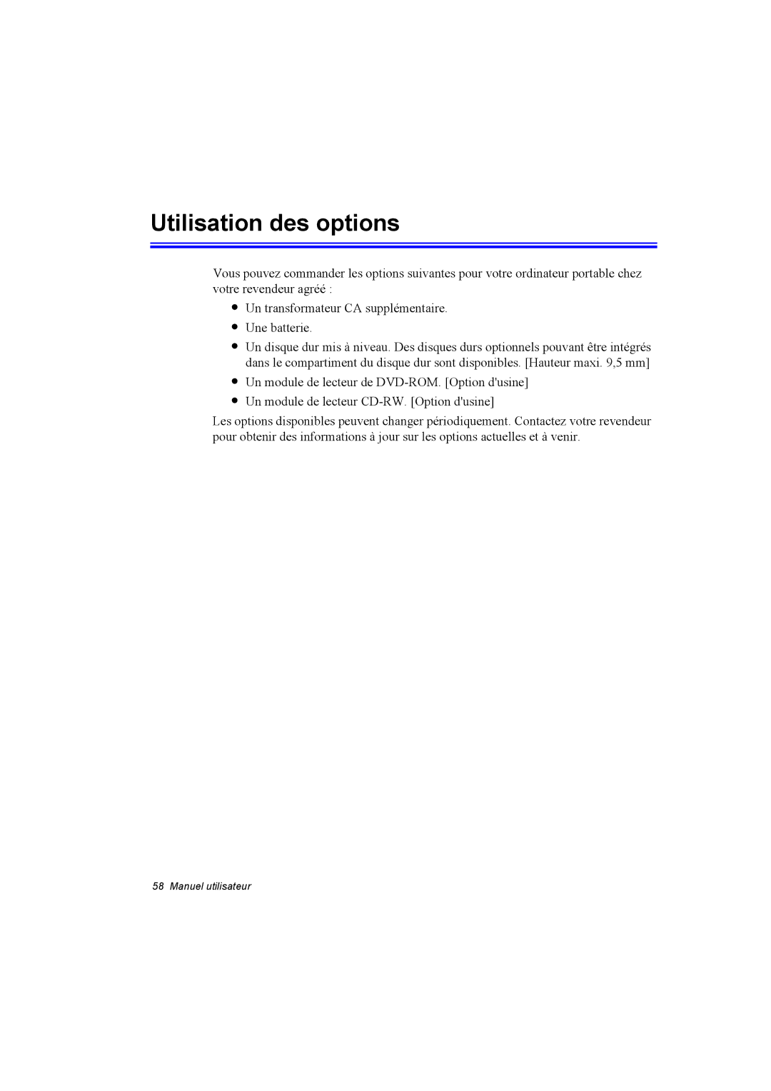 Samsung NA10AH0046/SEF, NA10AJ0041/SEF, NA10AJ0001/SEF, NA10DJ0002/SEF, NA10DH00HT/SEF, NA10DH008K/SEF Utilisation des options 