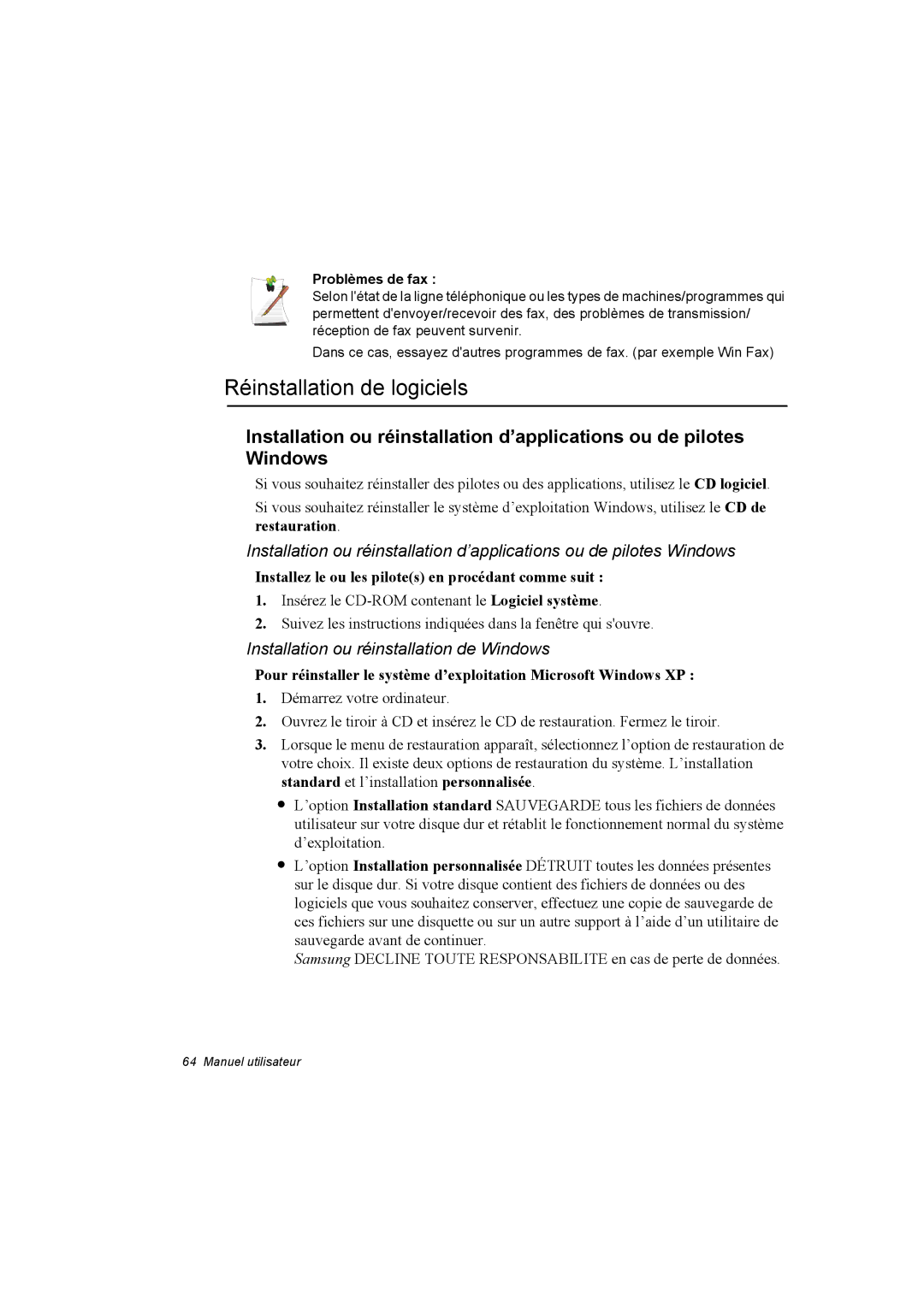 Samsung NA10AJ004D/SEF Réinstallation de logiciels, Installez le ou les pilotes en procédant comme suit, Problèmes de fax 