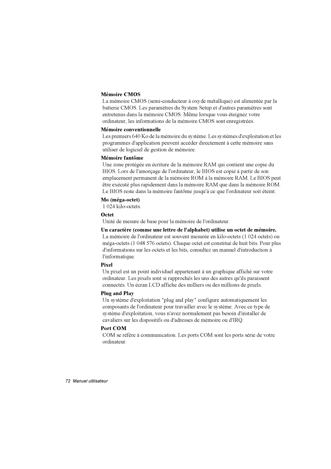 Samsung NA10DJ0002/SEF manual Mémoire Cmos, Mémoire conventionnelle, Mémoire fantôme, Mo méga-octet 1 024 kilo-octets Octet 