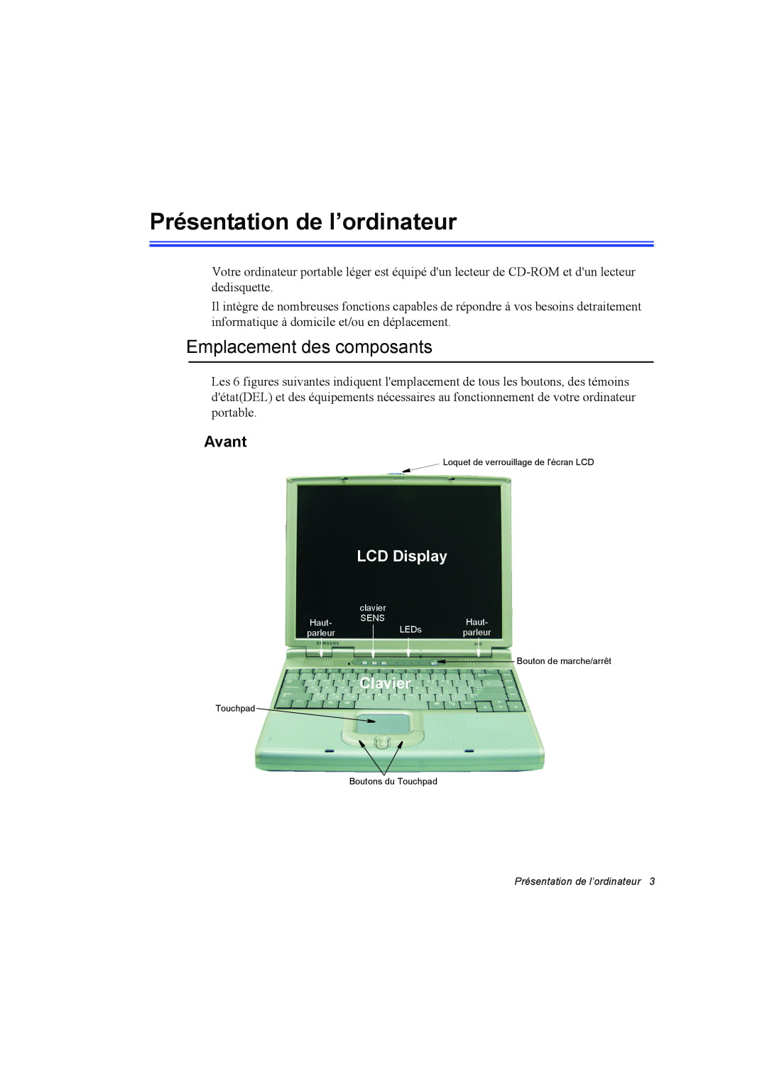 Samsung NA10AJ0041/SUK manual Présentation de l’ordinateur, Emplacement des composants, Avant, LCD Display, Clavier 