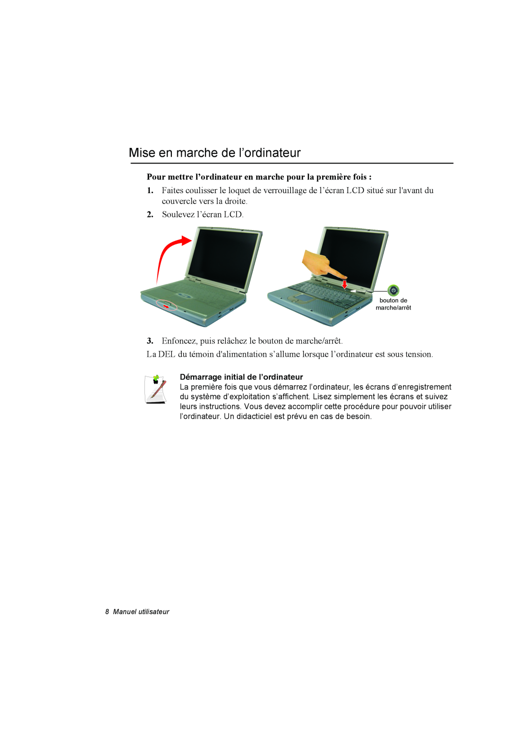 Samsung NA10DH00HT/SEF manual Mise en marche de l’ordinateur, Pour mettre l’ordinateur en marche pour la première fois 