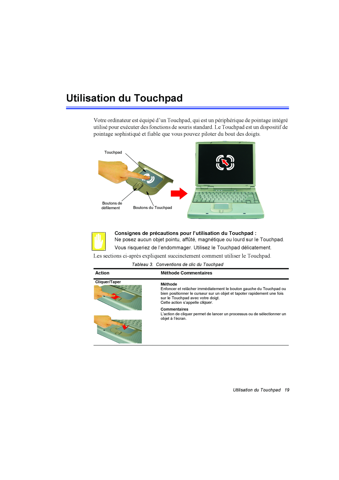 Samsung NA10AH0046/SEF manual Utilisation du Touchpad, Consignes de précautions pour l’utilisation du Touchpad, Action 