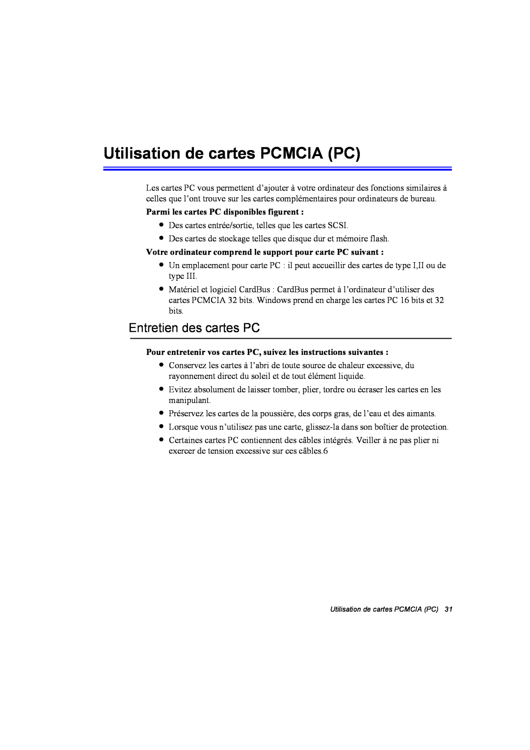 Samsung NA10AJ0001/SEF Utilisation de cartes PCMCIA PC, Entretien des cartes PC, Parmi les cartes PC disponibles figurent 