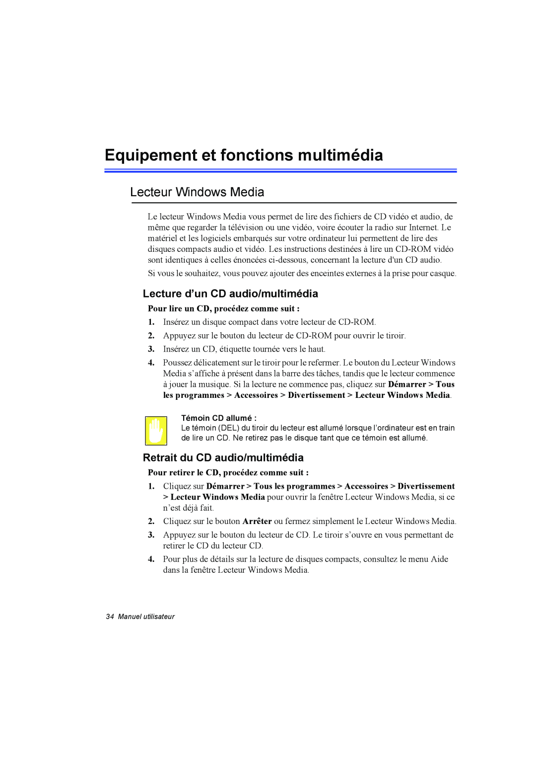 Samsung NA10DH00HT/SEF manual Equipement et fonctions multimédia, Lecteur Windows Media, Lecture d’un CD audio/multimédia 
