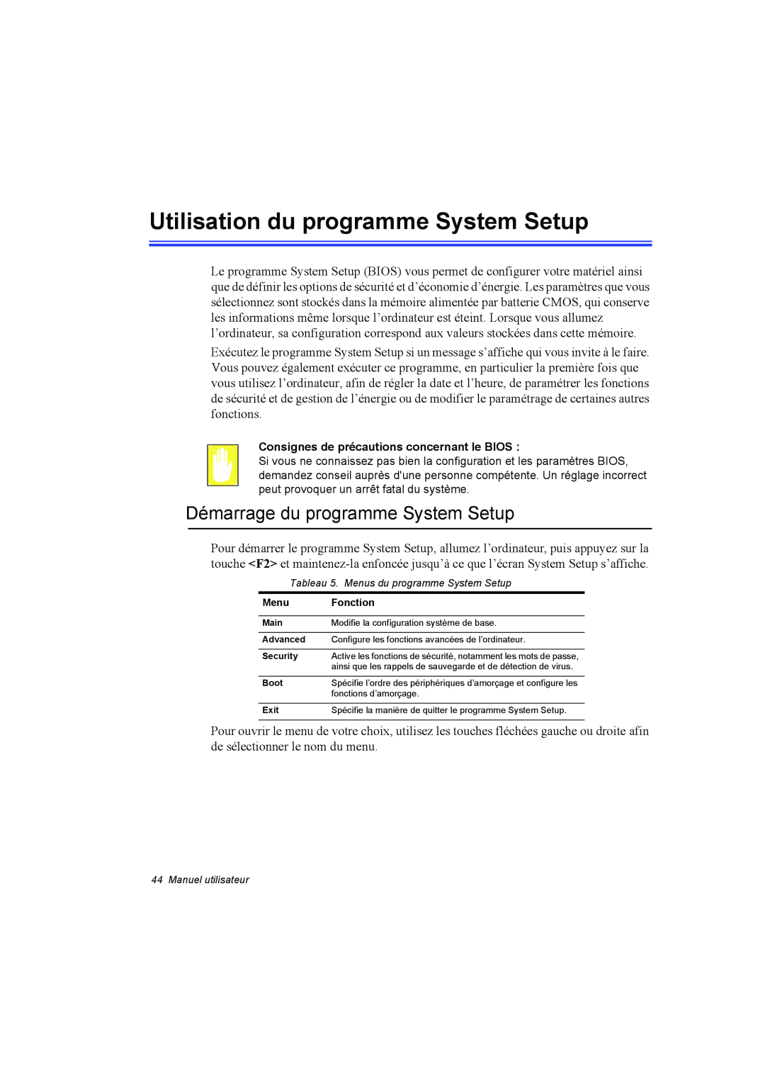 Samsung NA10AJ0001/SEF, NA10AJ0041/SEF manual Utilisation du programme System Setup, Démarrage du programme System Setup 