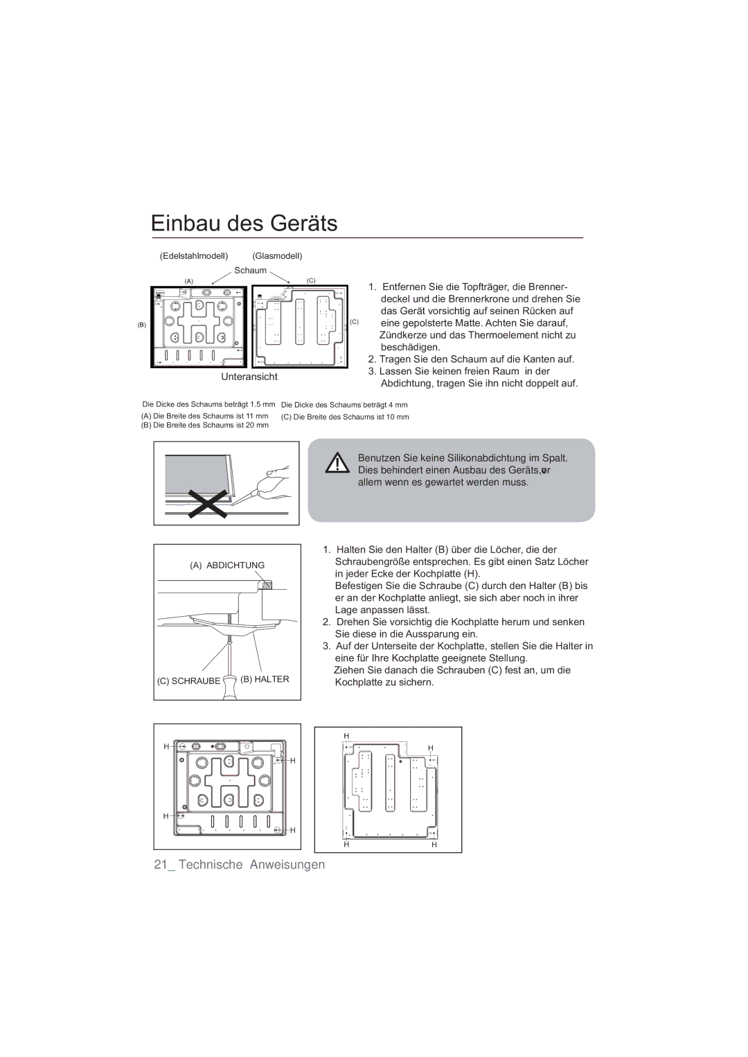 Samsung NA64H3010AS/EG, NA64H3030AS/EG manual Einbau des Geräts 