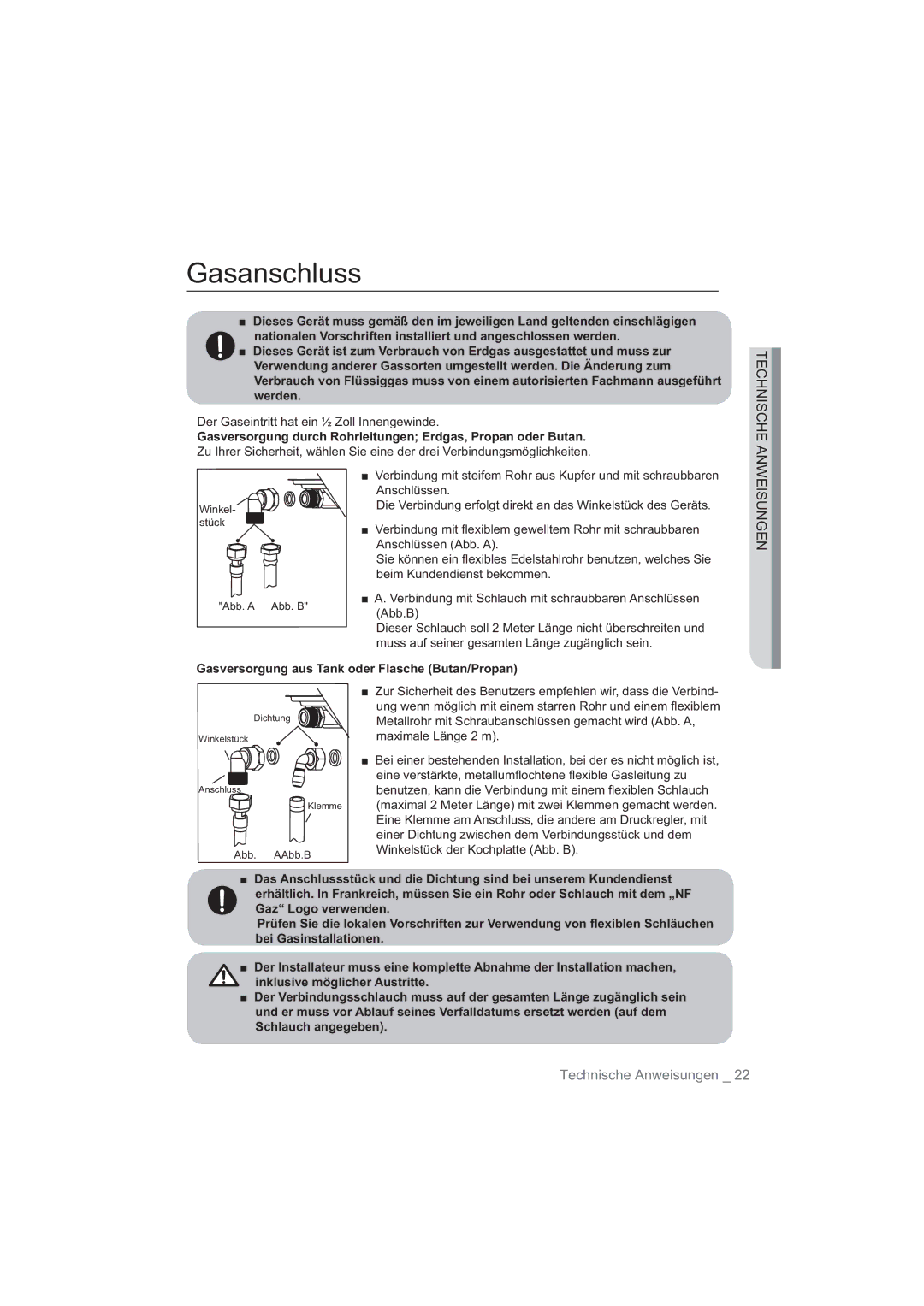 Samsung NA64H3030AS/EG manual Gasanschluss, Ehlp.XqghqglhqvwEhnrpphq, DVYHUVRUJXQJDXV7DQNRGHUODVFKH%XWDQ3URSDQ 