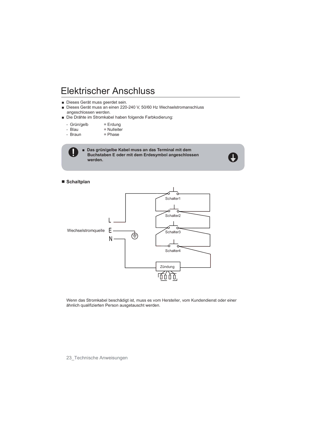 Samsung NA64H3010AS/EG, NA64H3030AS/EG manual Elektrischer Anschluss, LHVHV*HUlWPXVVJHHUGHWVHLQ, Wechselstromquelle E 