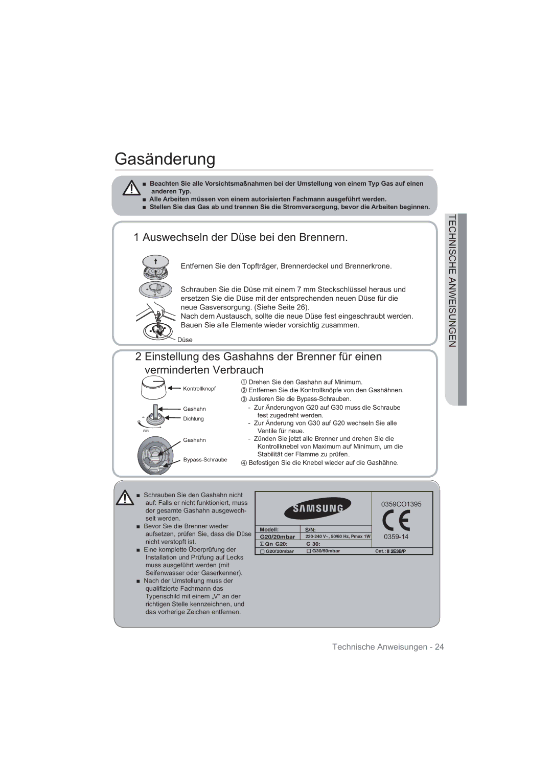 Samsung NA64H3030AS/EG, NA64H3010AS/EG manual Gasänderung, Auswechseln der Düse bei den Brennern 