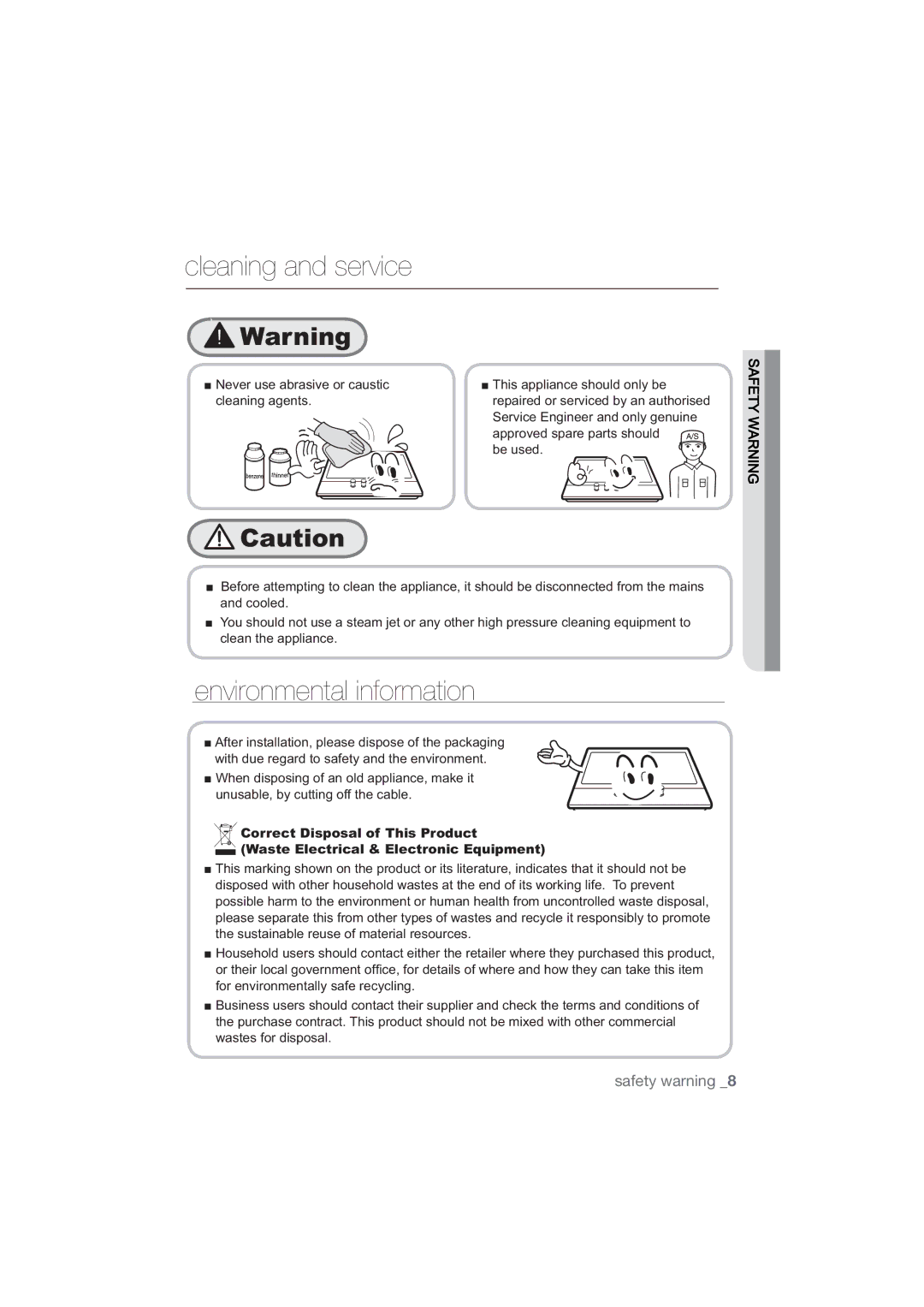 Samsung NA64H3030AS/EG, NA64H3010AS/EG Cleaning and service, Environmental information, 1HYHUXVHDEUDVLYHRUFDXVWLF 