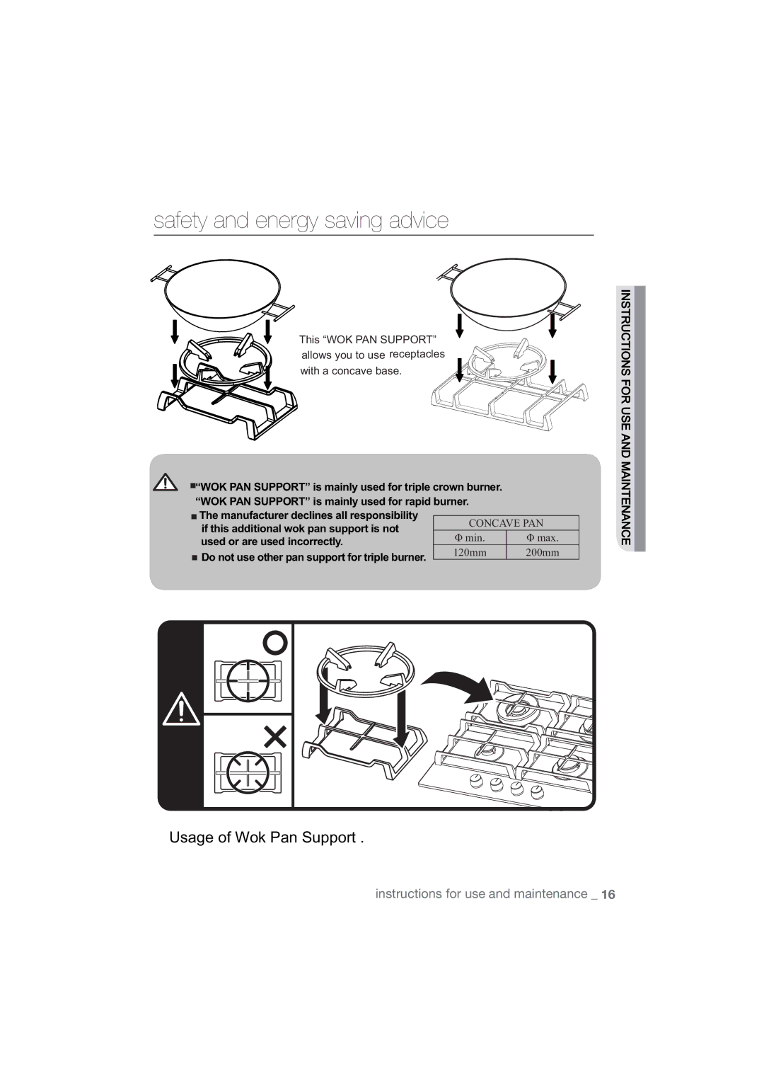 Samsung NA64H3030AS/EG, NA64H3010AS/EG manual Usage of Wok Pan Support 