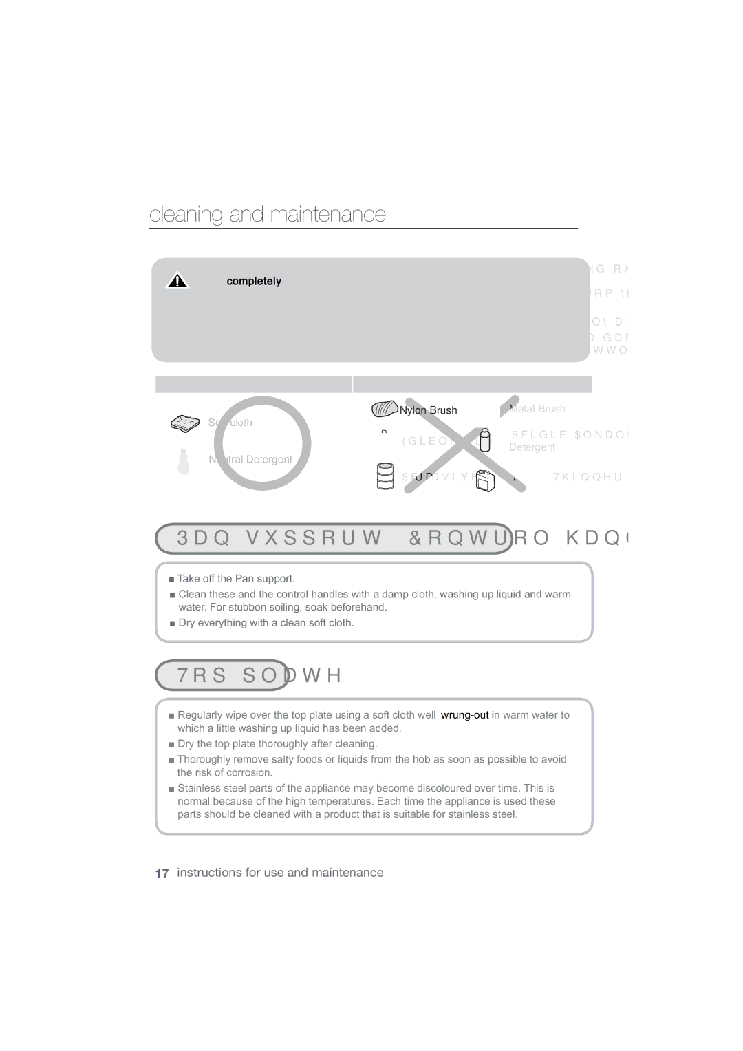 Samsung NA64H3010AS/EG, NA64H3030AS/EG manual Cleaning and maintenance, 8VDEOH 8QXVDEOH, 7DNHRIIWKH3DQVXSSRUW 