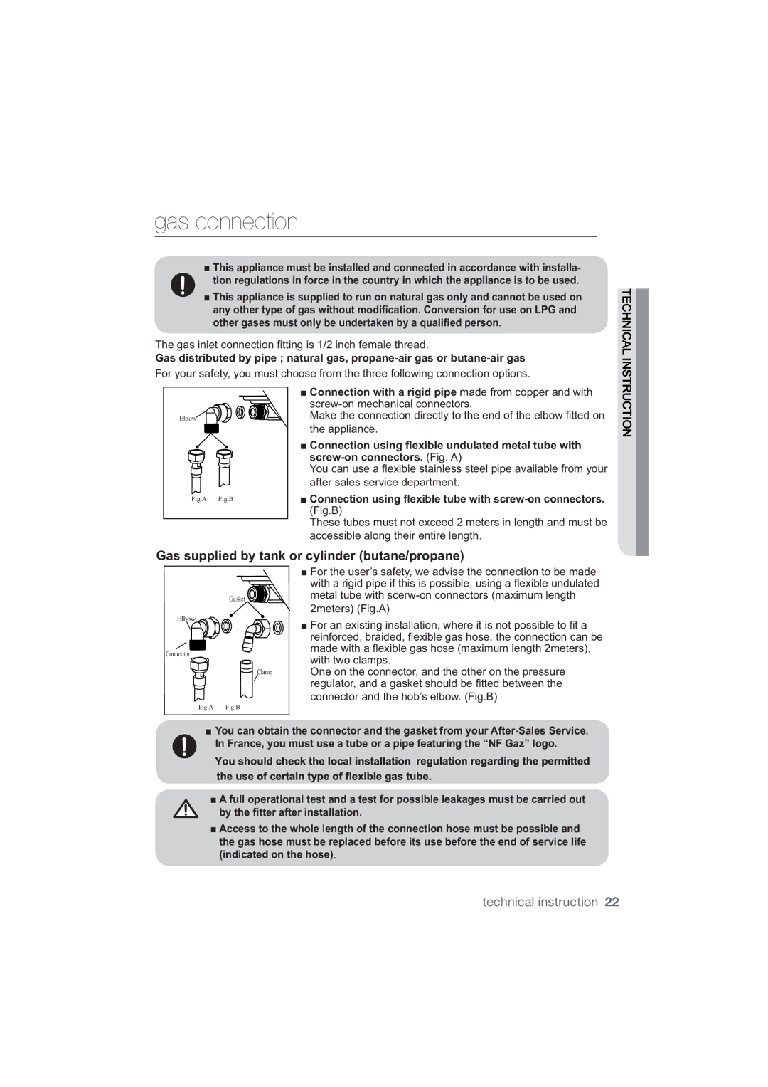 Samsung NA64H3030AS/EG, NA64H3010AS/EG manual Gas connection, RwkhuJdvhvPxvwRqo\EhXqghuwdnhqE\DTxdol¿HgShuvrq 