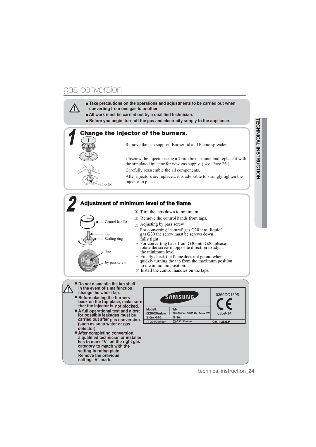 Samsung NA64H3030AS/EG, NA64H3010AS/EG manual Gas conversion, KdqjhWkhLqmhfwruRiWkhExuqhuv 