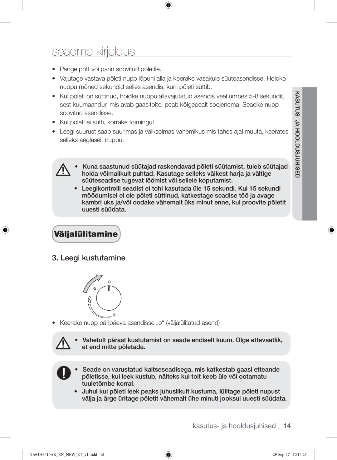 Samsung NA64H3010AK/EO, NA64H3010AS/EO manual Väljalülitamine, Leegi kustutamine 