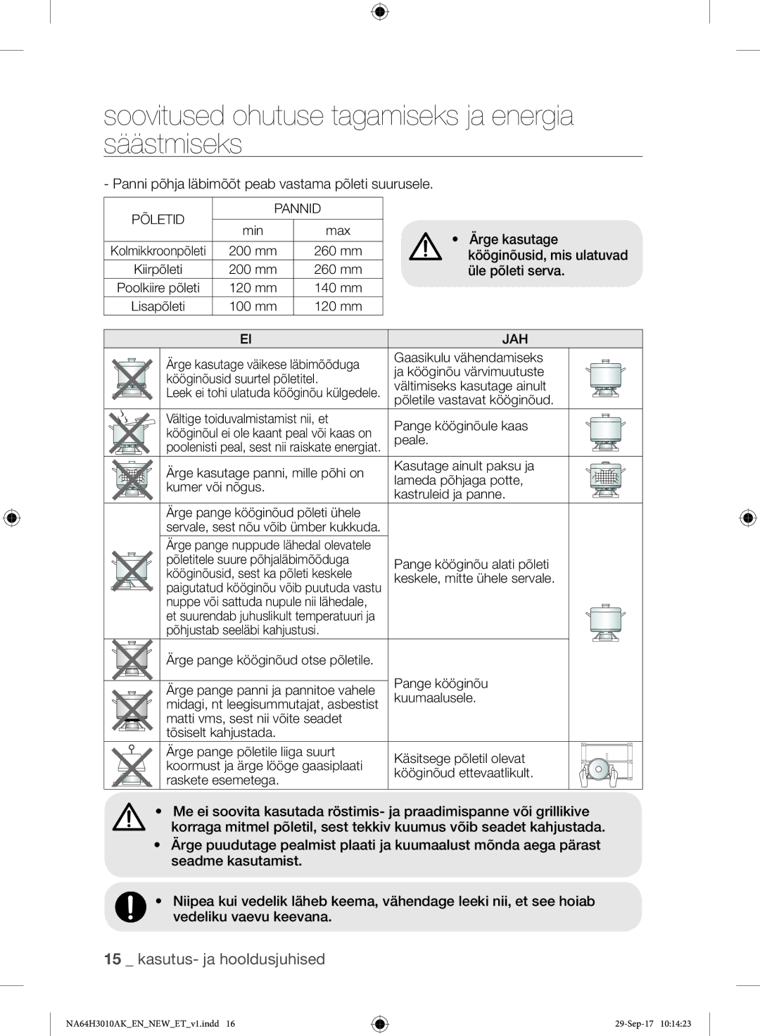 Samsung NA64H3010AS/EO, NA64H3010AK/EO manual Soovitused ohutuse tagamiseks ja energia säästmiseks 