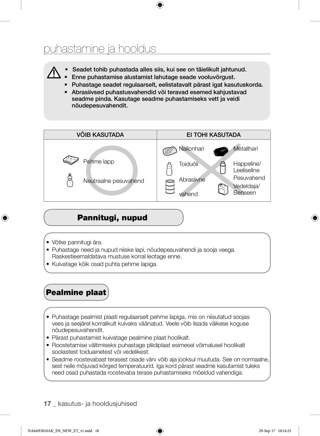 Samsung NA64H3010AS/EO, NA64H3010AK/EO manual Pannitugi, nupud, Pealmine plaat 