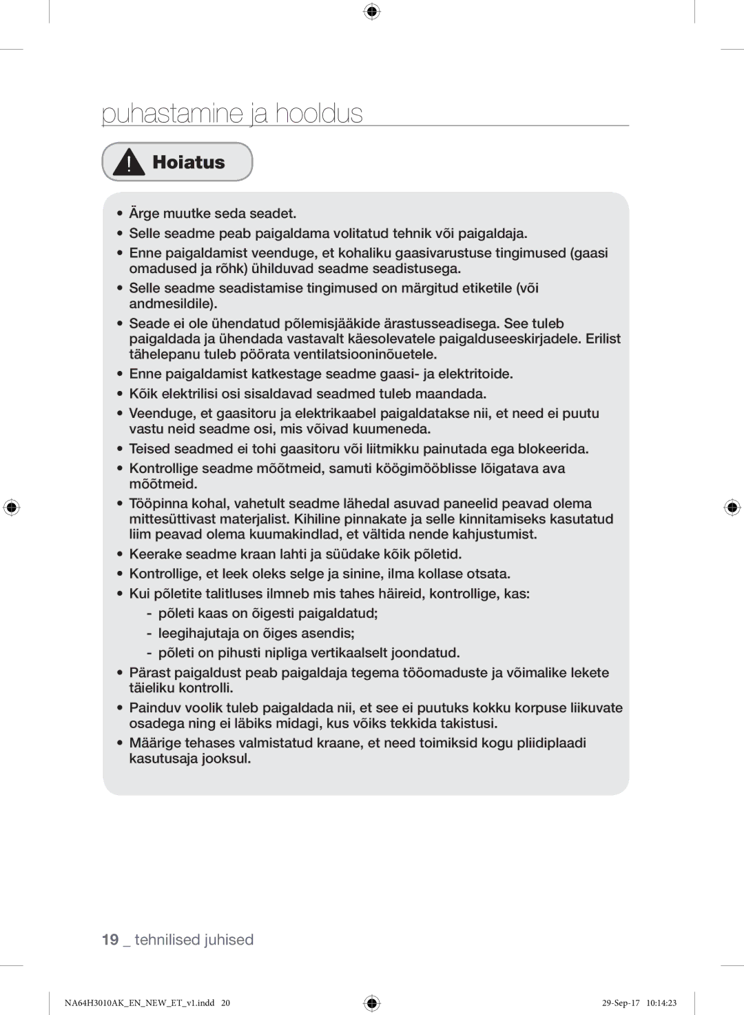 Samsung NA64H3010AS/EO, NA64H3010AK/EO manual Hoiatus 