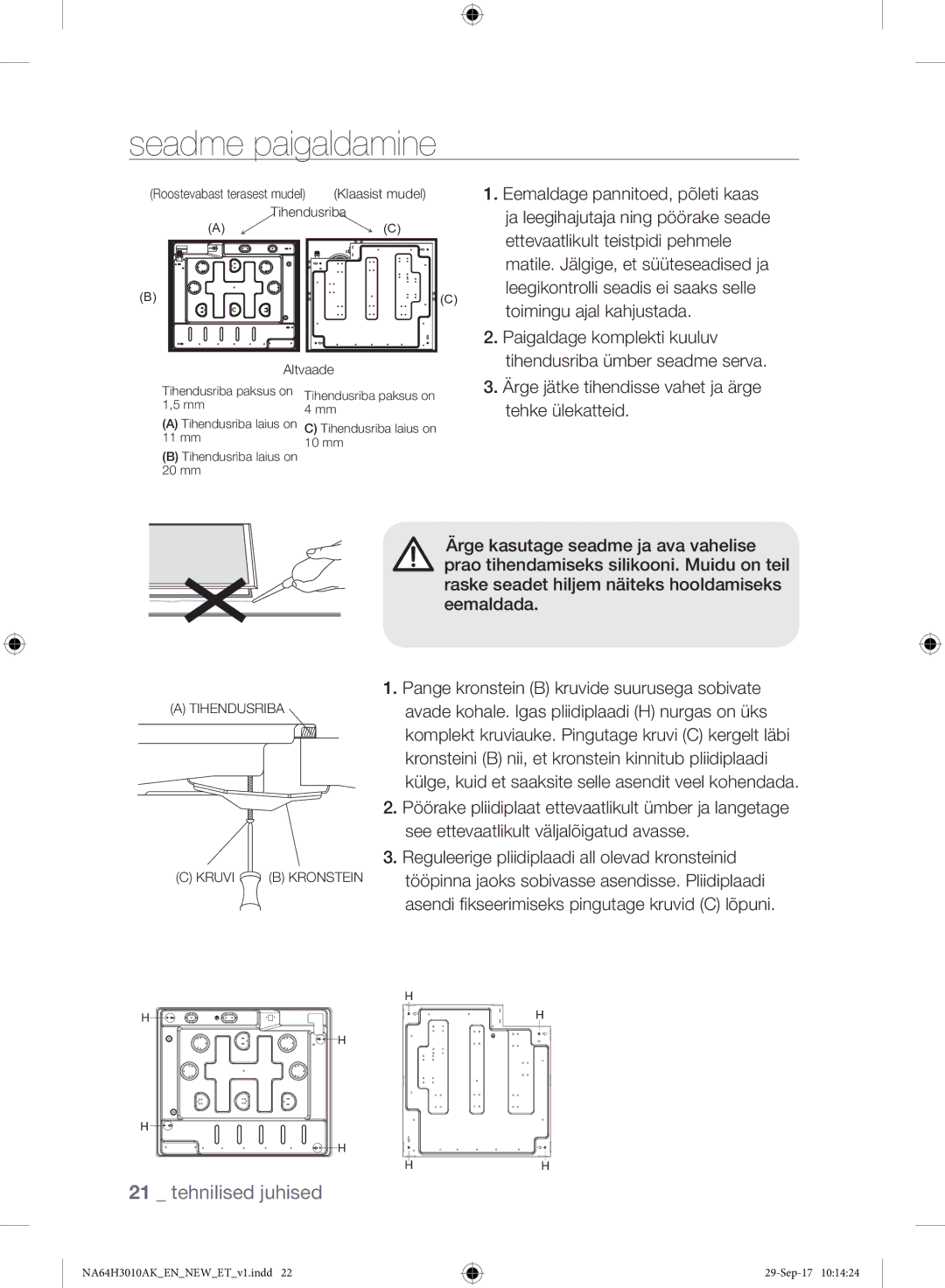 Samsung NA64H3010AS/EO manual Ettevaatlikult teistpidi pehmele, Toimingu ajal kahjustada, Paigaldage komplekti kuuluv 