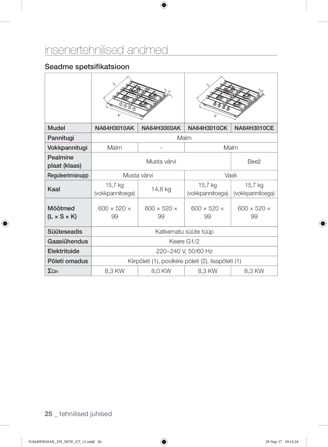 Samsung NA64H3010AS/EO, NA64H3010AK/EO manual Insenertehnilised andmed, Seadme spetsifikatsioon 