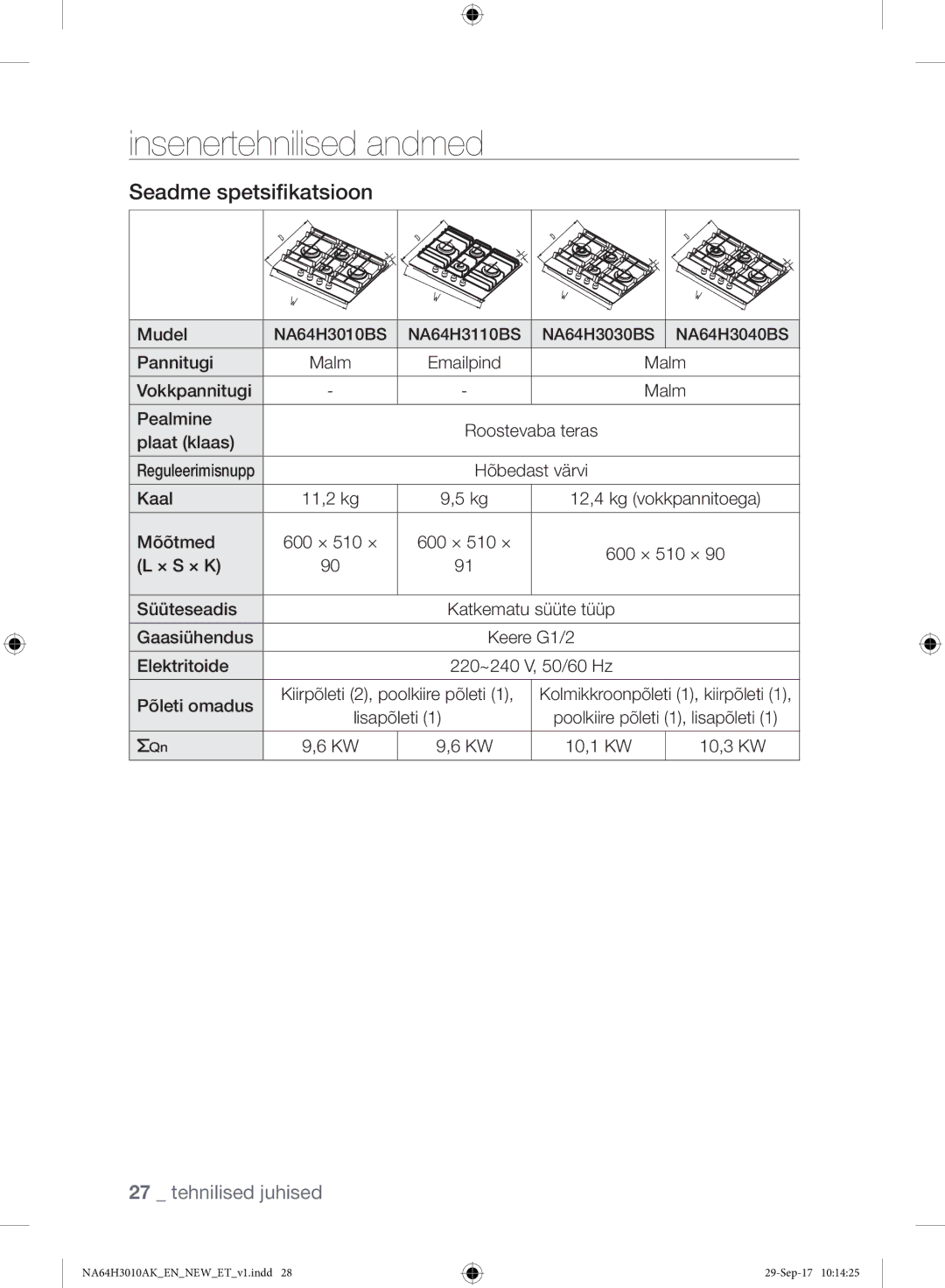 Samsung NA64H3010AS/EO, NA64H3010AK/EO manual Mõõtmed 600 × 510 × 