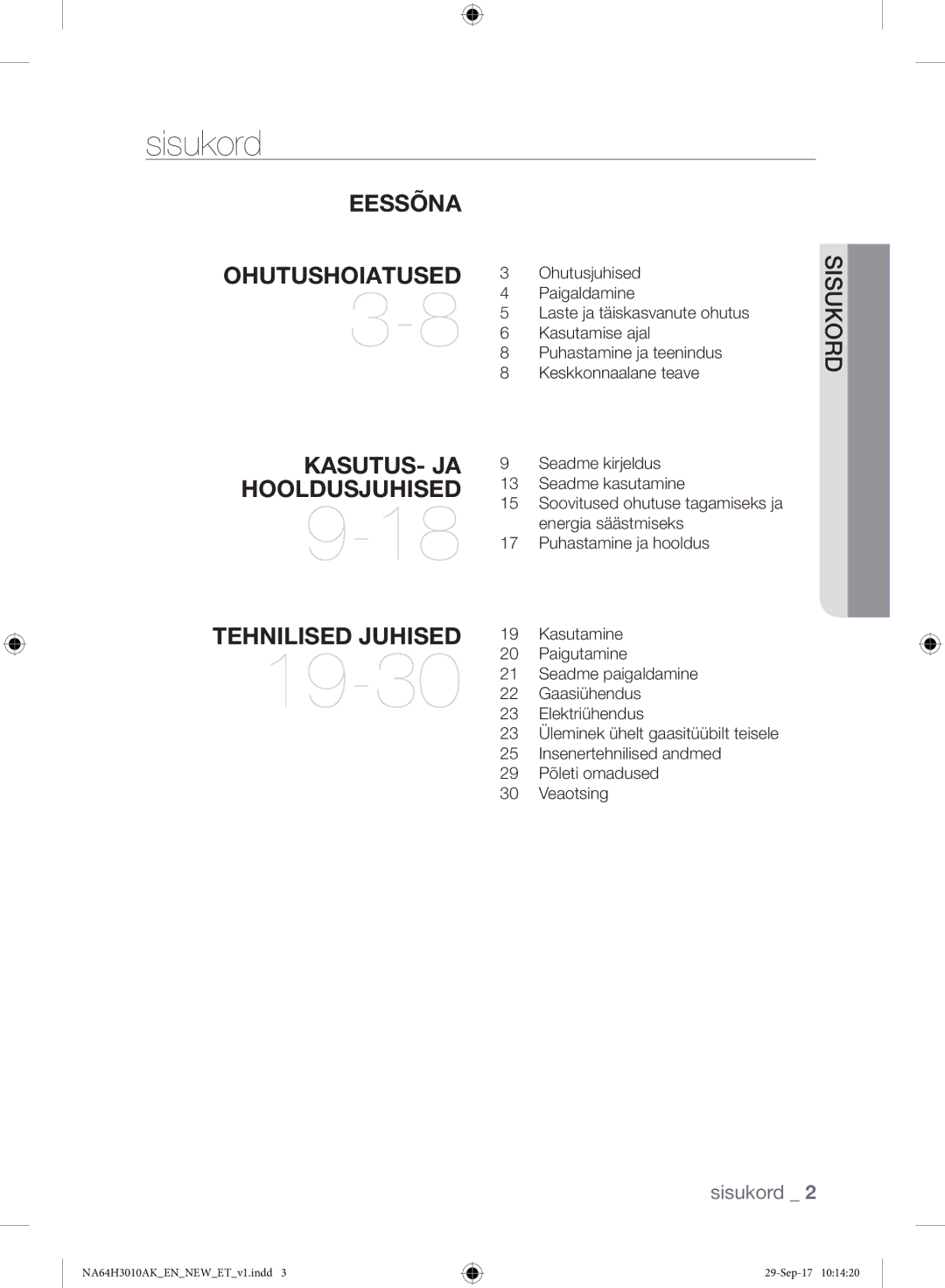 Samsung NA64H3010AK/EO, NA64H3010AS/EO manual 19-30, Sisukord 